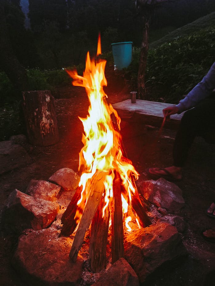 A fire crackles as you gather around the campsite.